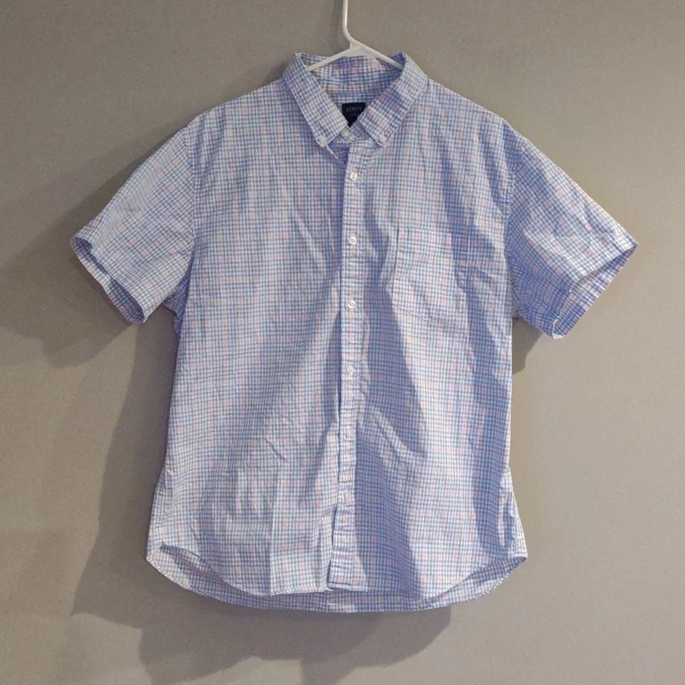 J.Crew Flex mens Xlarge 17-17.5 blue pink checked short sleeve button down shirt